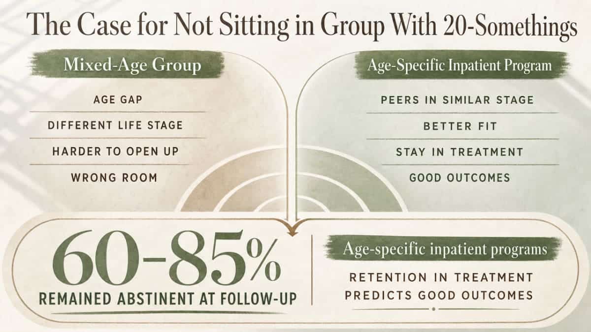 Text-free conceptual scene evoking the small-capacity, medically supervised residential environment for midlife men.