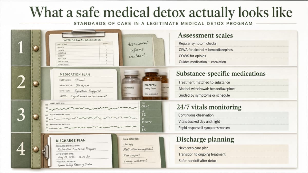 Visualize the four hallmarks of a legitimate medical detox program described in this section (assessment scales, substance-specific medications, 24/7 vitals, discharge planning) as a comparison/standards framework