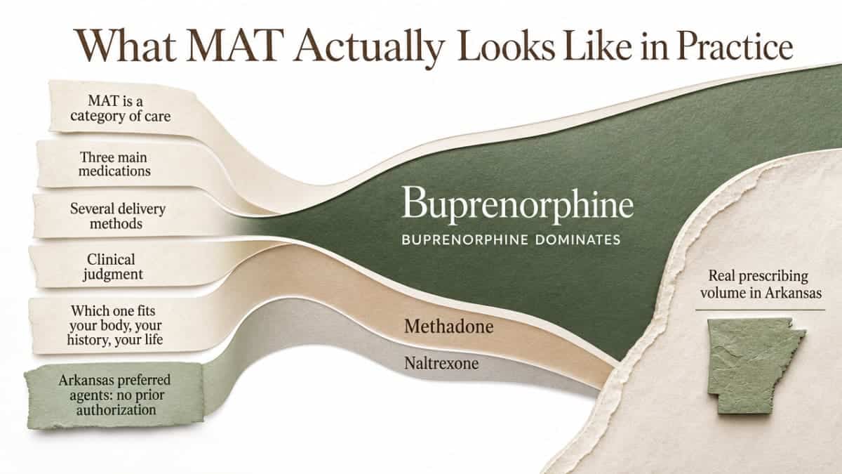 Visualize the Arkansas SOR III MAT medication distribution cited in the section, showing how buprenorphine dominates real prescribing volume in the state