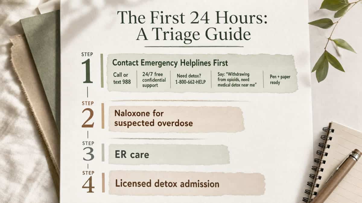 Visualize the four-step triage sequence described in this section: helpline contact, naloxone use, ER care, then licensed detox admission. The section explicitly walks through this ordered workflow, making a process infographic directly supportive