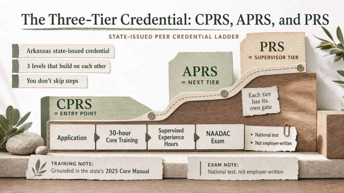 Visualize the three-tier Arkansas peer credentialing ladder with the specific hour and year thresholds cited in the section prose