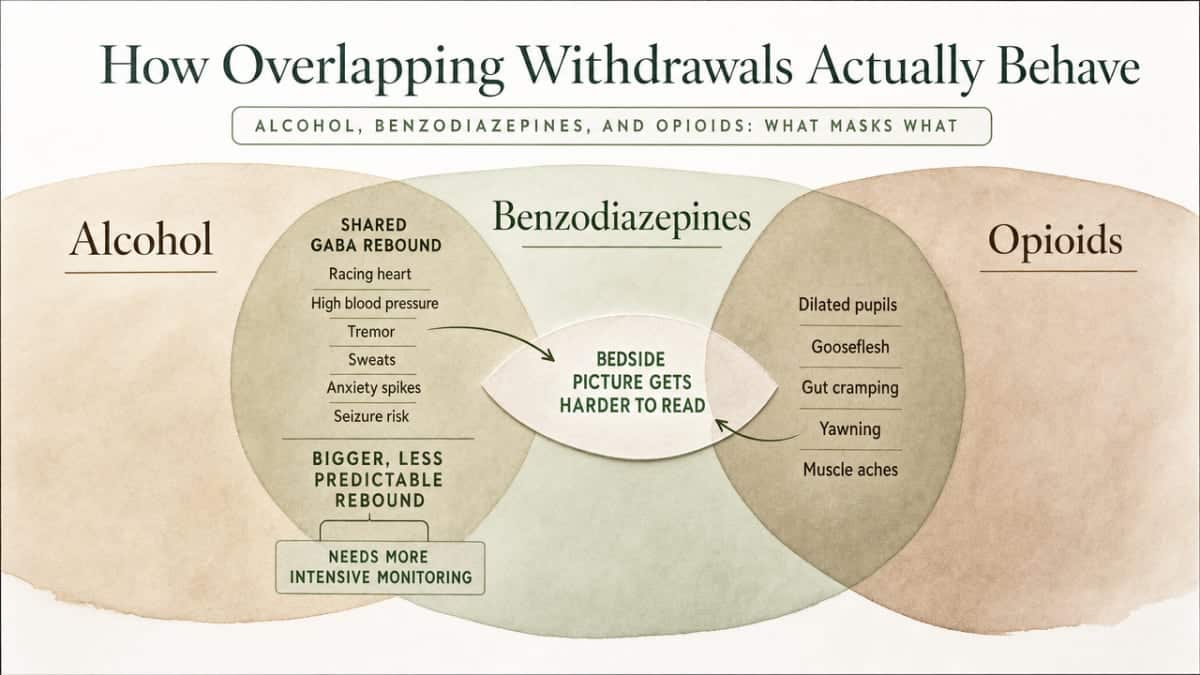 Visualize how alcohol, benzodiazepine, and opioid withdrawal symptoms overlap and mask each other during layered detox, supporting the section's core clinical point