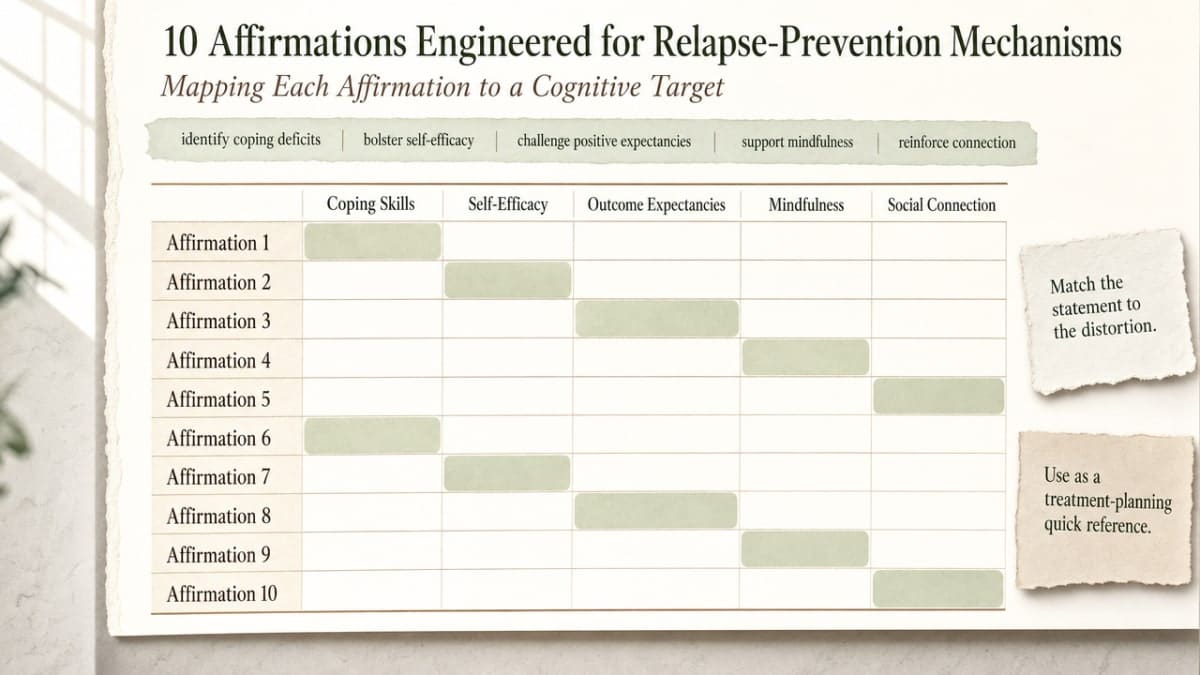 Map each of the ten affirmations to the specific cognitive/behavioral mechanism it targets, giving clinicians a reference matrix that mirrors the section's structure