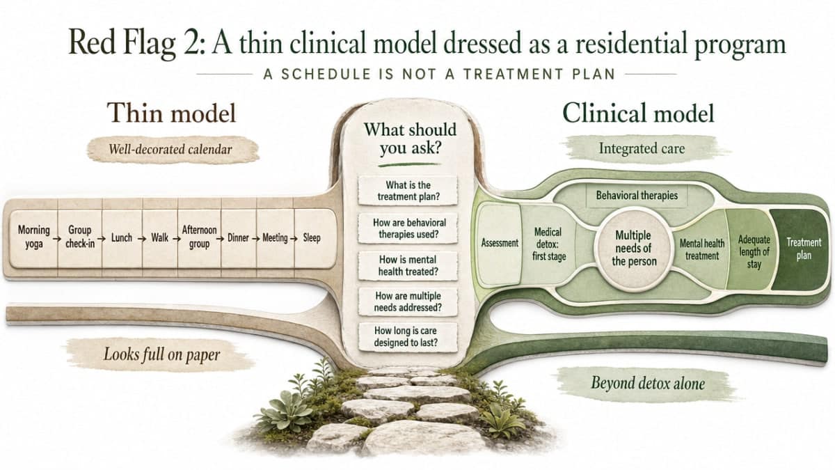 Visualize the section's comparison between a thin 'schedule-as-treatment' program and a genuine evidence-based clinical model, giving readers a scannable framework tied directly to the questions the section tells them to ask
