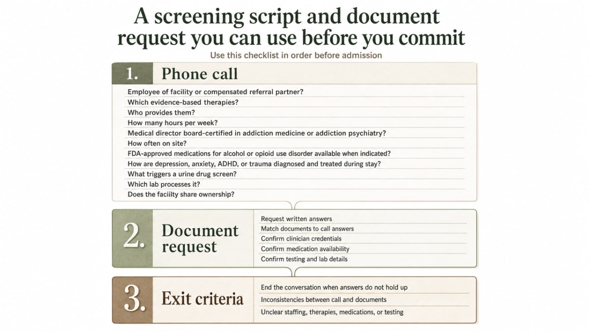 Turn the section's explicit three-part screening workflow (phone call questions, document request, exit criteria) into a process infographic readers can use as a checklist before admission