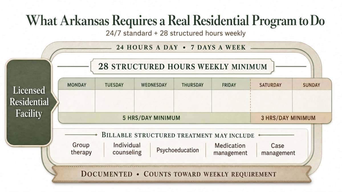 Summarize the state's licensure structure and minimum service requirements described in the section (24/7 operation, 28 structured hours weekly, weekday/weekend hour minimums, required billable services)
