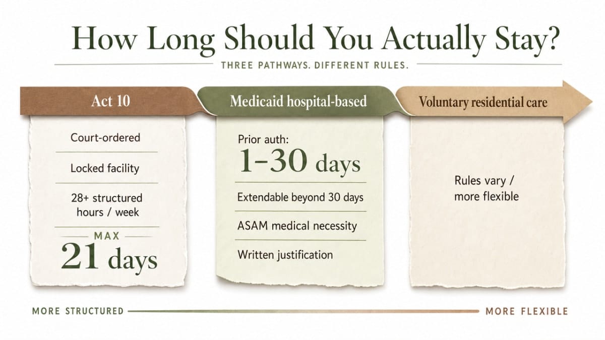 Compare the three residential treatment pathways and their length-of-stay rules cited in the section (Act 10, Medicaid hospital-based, voluntary)