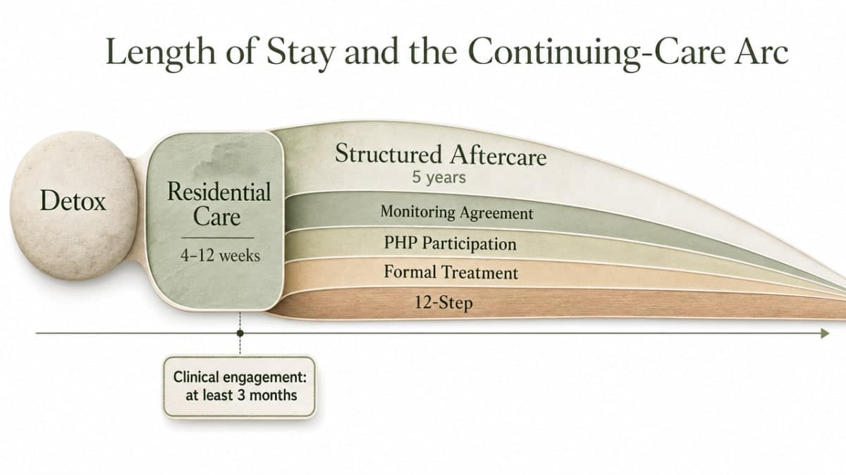 Visualize the continuing-care sequence described in the section: detox, 4-12 weeks residential, structured aftercare tapering across five years, with the named components (monitoring agreement, PHP participation, formal treatment, 12-step) that physicians rated most critical