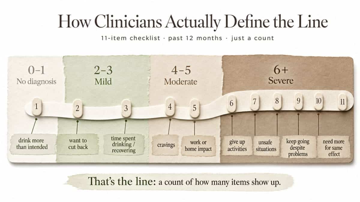 Visualize the DSM-5 AUD severity scoring system (2-3 mild, 4-5 moderate, 6+ severe) that anchors the entire article's counting framework