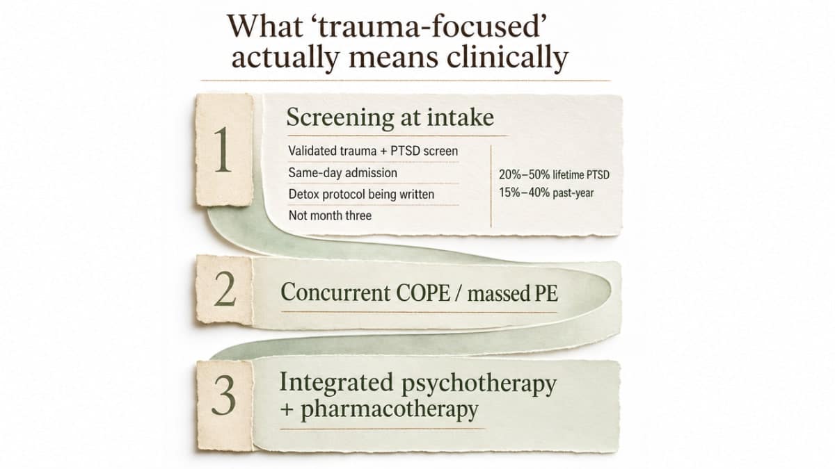 Process infographic visualizing the three named clinical pillars of trauma-focused care that this section's three subsections walk through — screening at intake, concurrent COPE/massed PE, and integrated psychotherapy plus pharmacotherapy