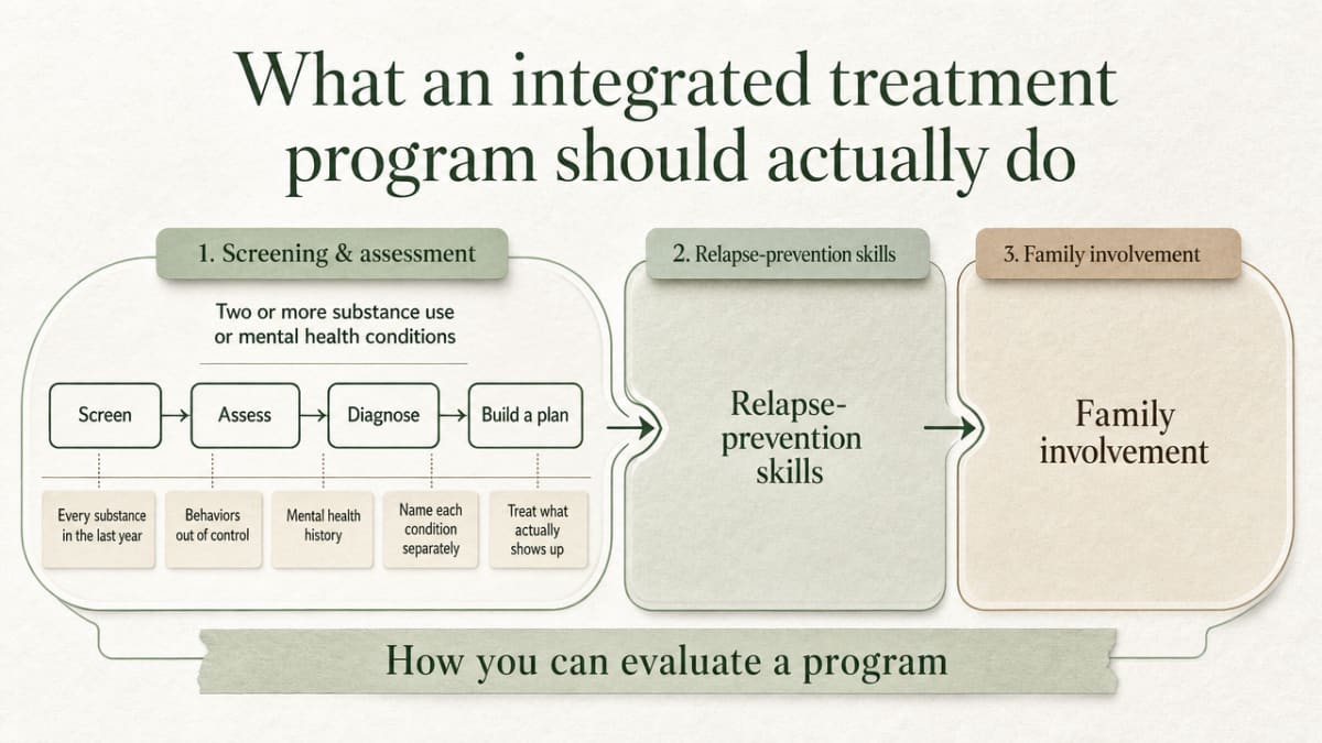 Visualize the three-part operating model the section describes (screening, relapse-prevention skills, family involvement) as a workflow families can use to evaluate a program