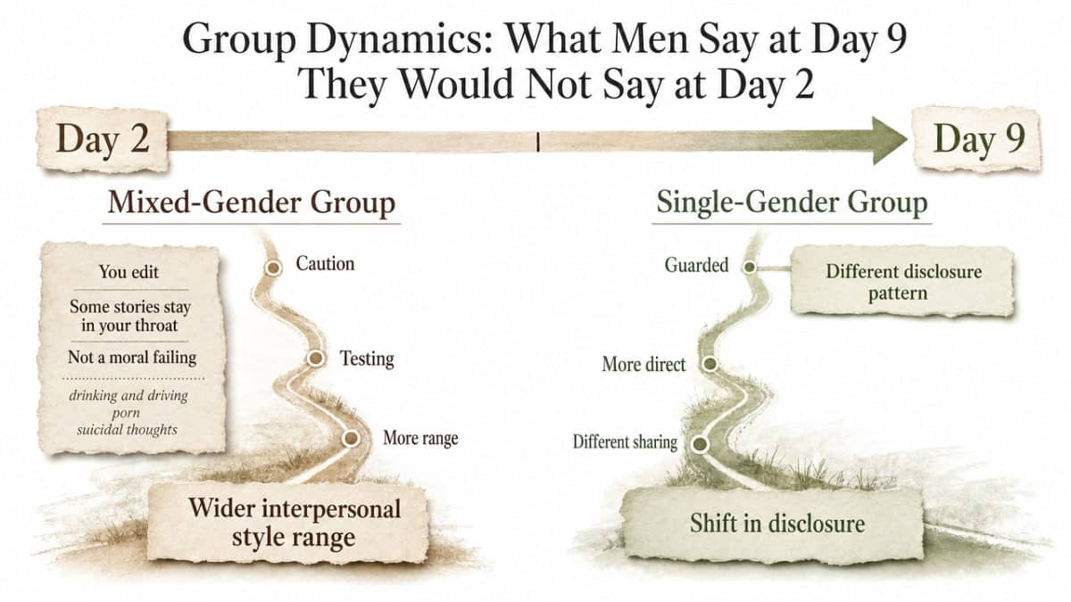 Visualize the section's core comparison from the single/mixed-gender group therapy literature — how mixed groups widen men's interpersonal style range while single-gender groups shift disclosure patterns