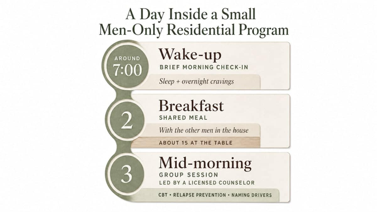Process infographic showing the daily schedule described in the section, giving readers a concrete map of a treatment day