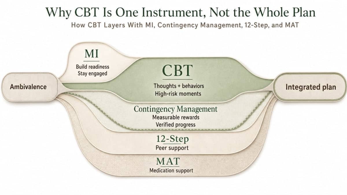 Process infographic showing how CBT layers with MI, contingency management, 12-step, and MAT inside an integrated plan — directly matches the section's operating model