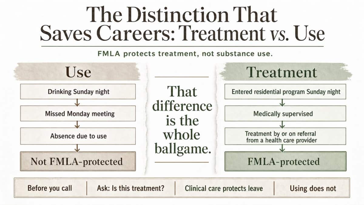 Visualize the critical legal distinction between FMLA-protected clinical treatment and unprotected absences due to substance use, which is the central operational point of this section
