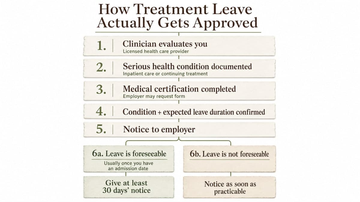 This section explicitly walks through a numbered sequence of steps for securing FMLA-approved leave, which is an ideal fit for a process infographic