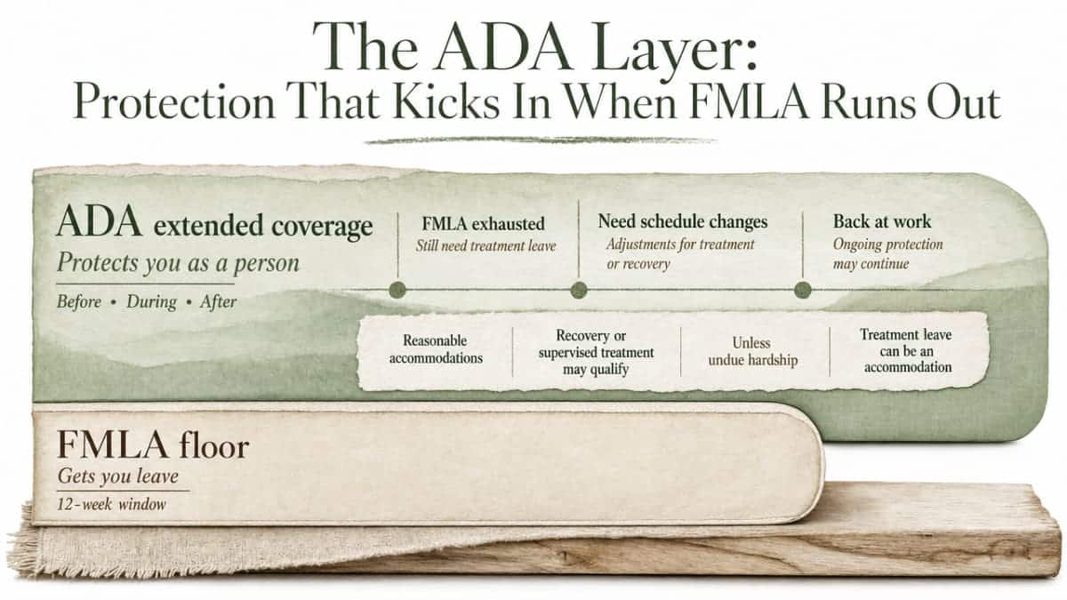 This section describes a layered protection framework (FMLA floor vs. ADA extended coverage) with three specific accommodation scenarios, which is well-suited to a framework infographic