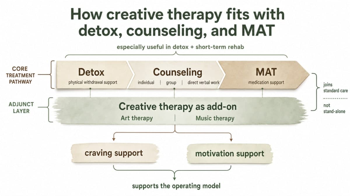 Process infographic showing how creative therapies layer alongside the core treatment modalities described in this section — supports the operating model without requiring numeric data