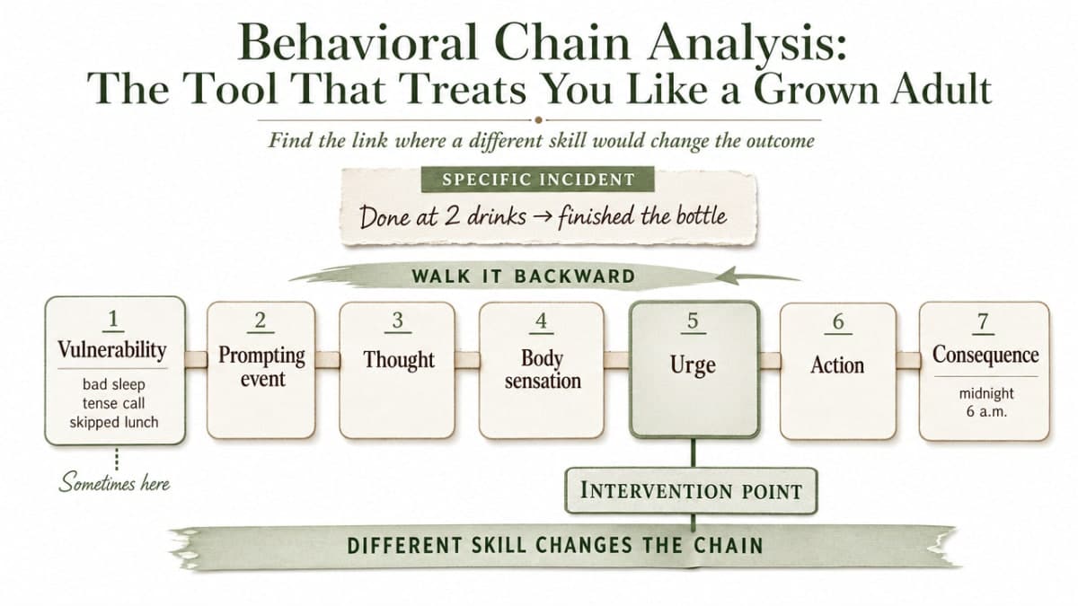 Diagram the behavioral chain analysis process described in the section, showing the link-by-link structure the article walks through and where DBT skills intervene