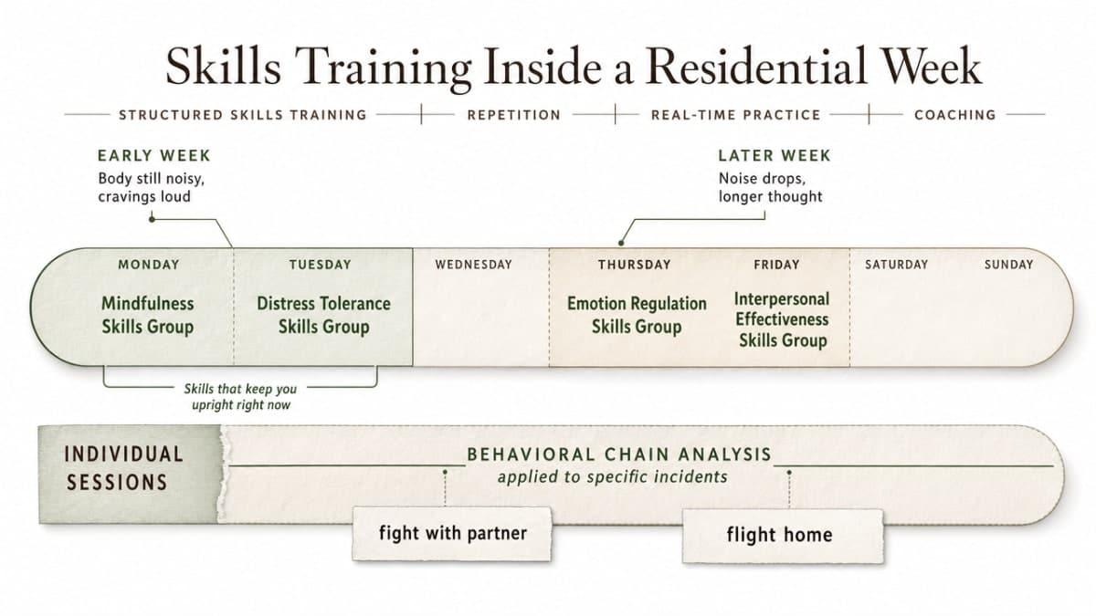 Show the residential DBT weekly structure and skill sequencing described in the section, giving readers a concrete operating model of how the program runs