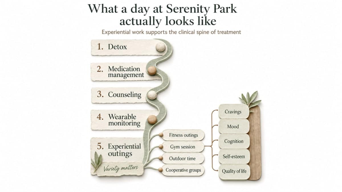 Process infographic showing how experiential work integrates with the clinical spine of treatment described in this section (detox, medication management, counseling, wearable monitoring, experiential outings)
