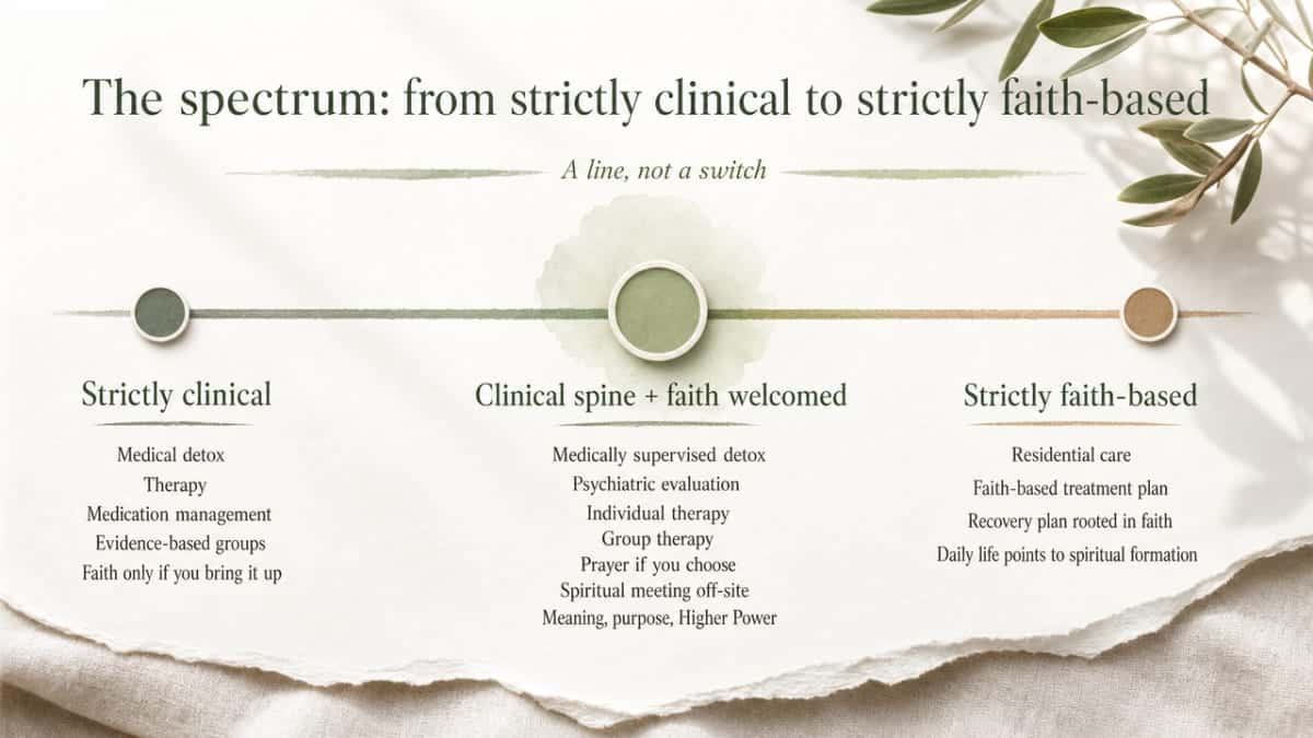 Illustrate the spectrum described in the section, mapping the three program positions from clinical to faith-based, which directly supports the narrative framing