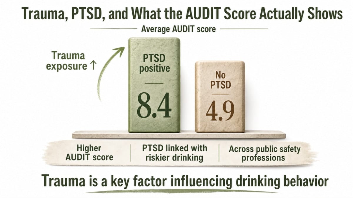 Visualize the cited AUDIT score comparison between police officers with and without PTSD, directly supporting the section's core data point