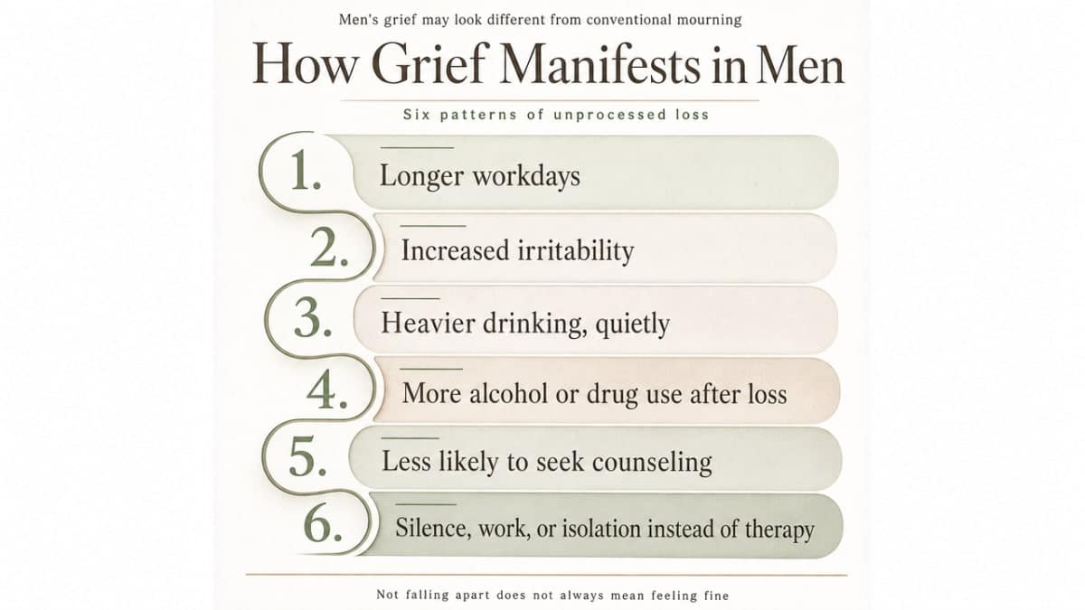 Visualize the six behavioral patterns of unprocessed grief in men listed in this section, giving readers a scannable reference that reinforces the article's cited claims about masculine grief expression