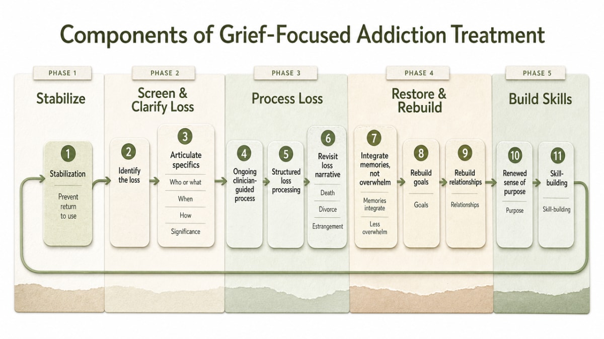 Illustrate the phased clinical workflow described in this section, showing how residential treatment sequences stabilization, screening, loss processing, restoration, and skill-building - a process infographic supported directly by the section's cited steps
