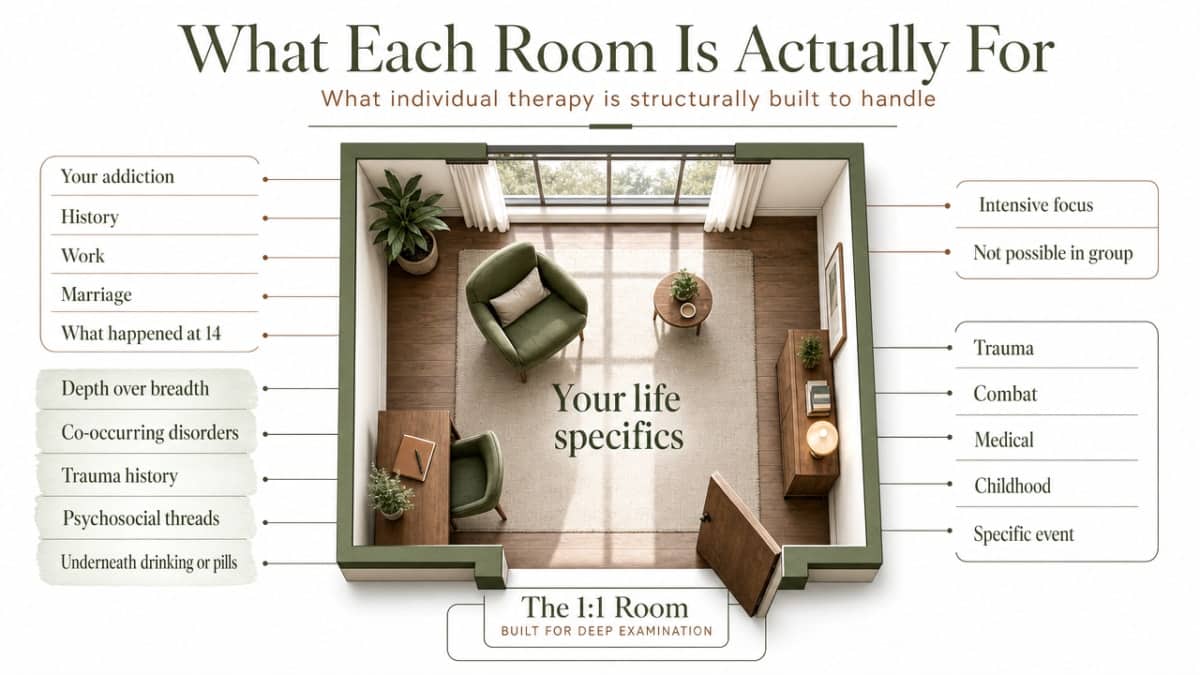 Visualize the division of labor between individual and group therapy described in this section — what each modality is structurally built to handle