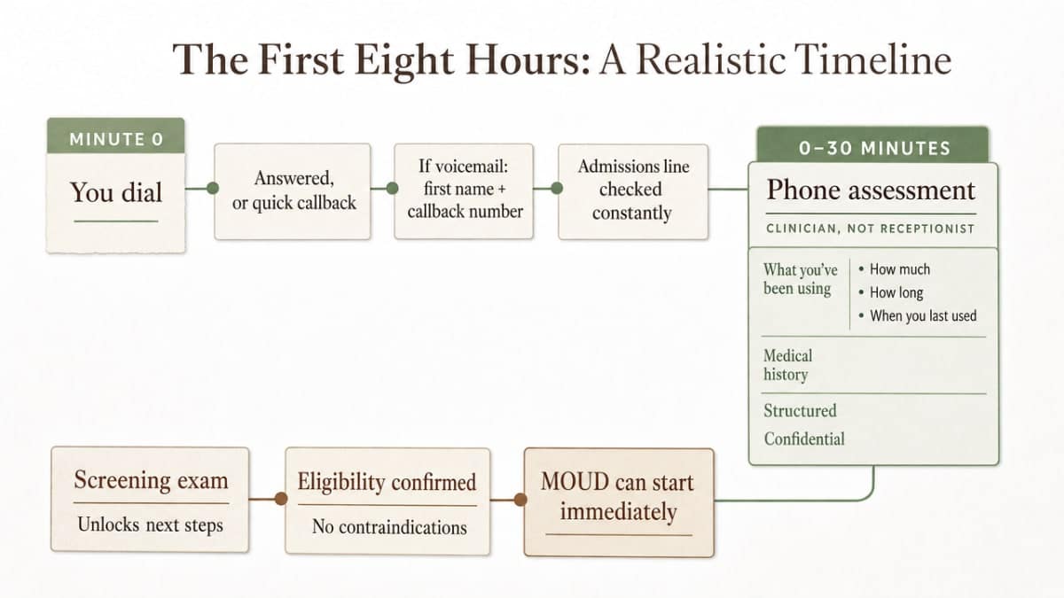 Visualize the cited same-day admission workflow timeline described step by step in this section, giving readers a scannable process view of the eight-hour pathway