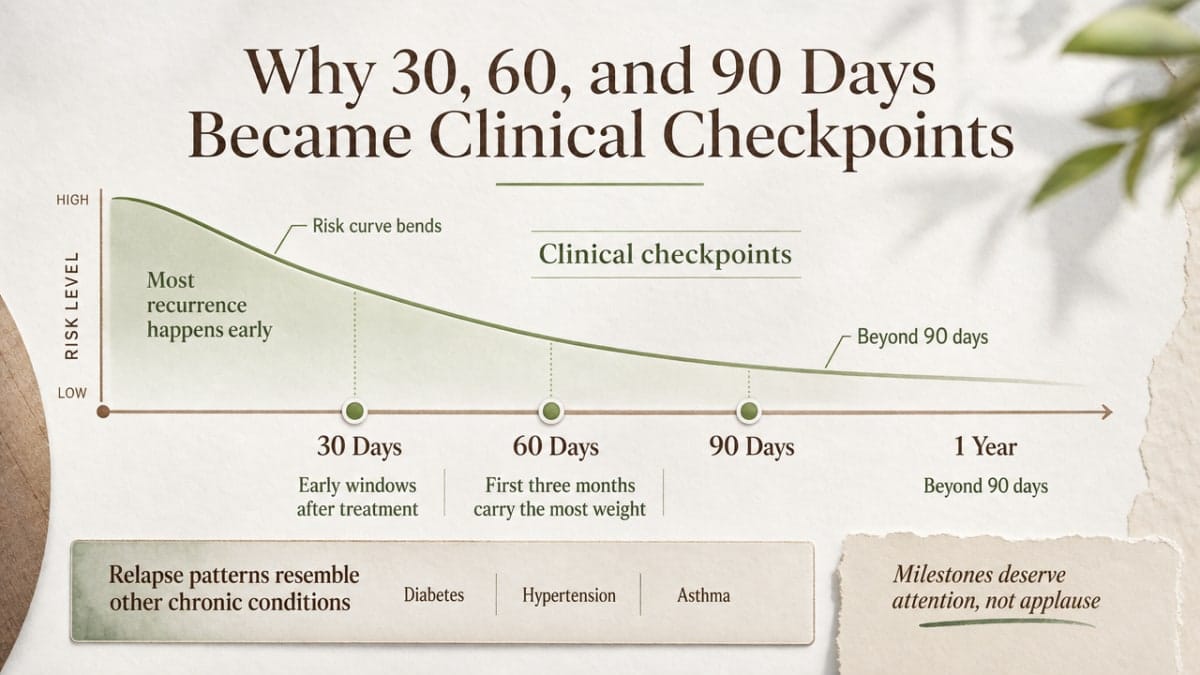 Visualize the concentration of relapse risk across the first year using the three cited data points, directly supporting the section's argument that day 90 is the highest-leverage window