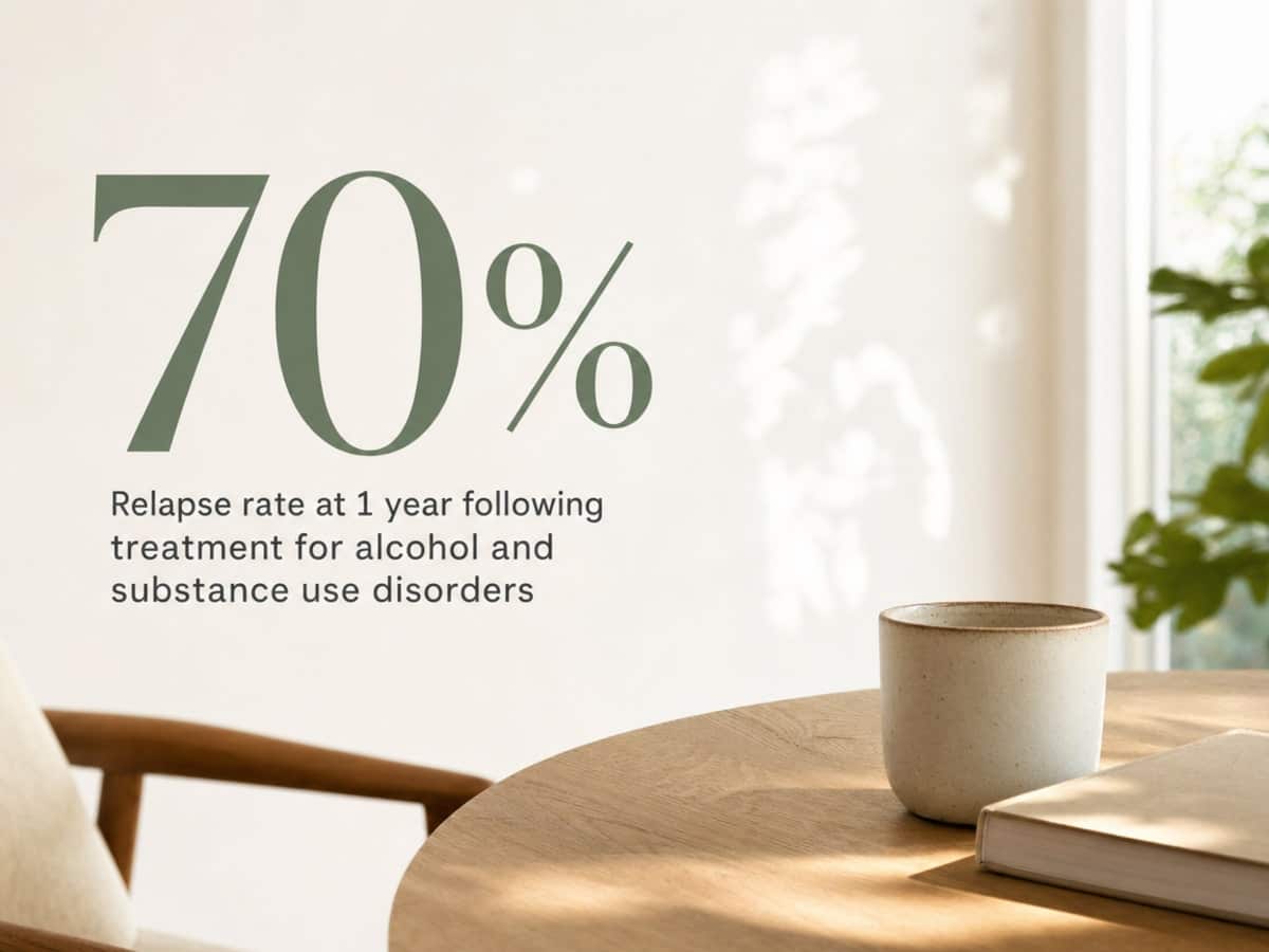 Infographic showing Relapse rate at 1 year following treatment for alcohol and substance use disorders