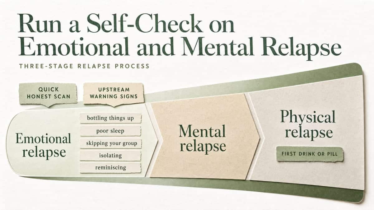 Illustrate the three-stage relapse process (emotional → mental → physical) cited from the Five Rules of Recovery framework, matching the section's explanation of upstream warning signs