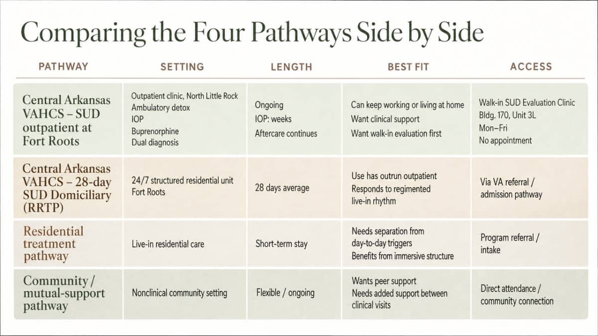 Visualize the four-pathway comparison framework described in this section so readers can scan setting, length, fit, and access at a glance