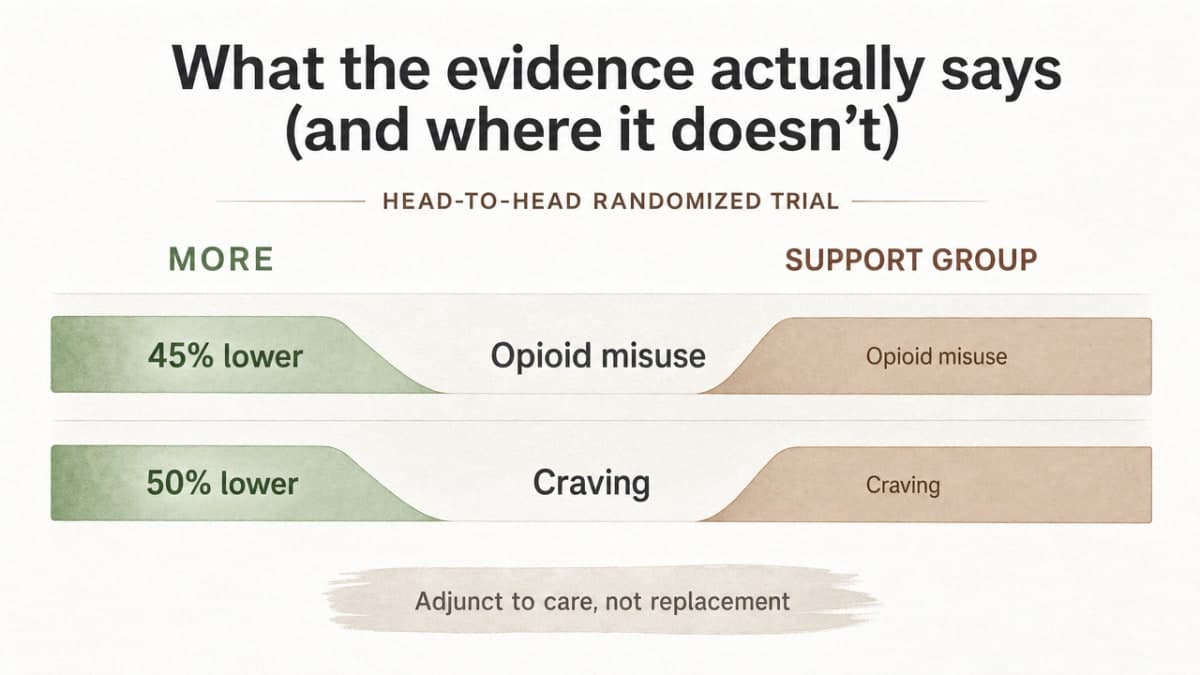 Show the head-to-head outcome data from the MORE randomized trial, which is the strongest specific statistic cited in this evidence-focused section