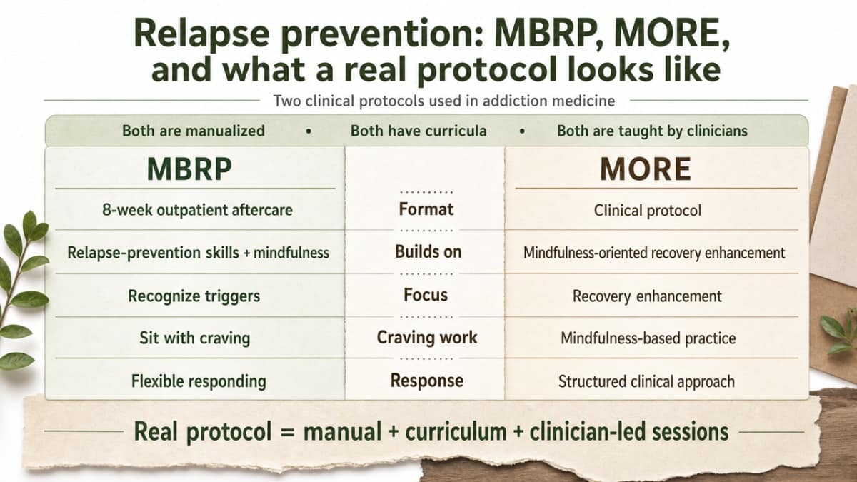 Visualize the side-by-side comparison of the two clinical protocols (MBRP vs MORE) that this section explicitly contrasts, giving readers a structured reference for what each involves